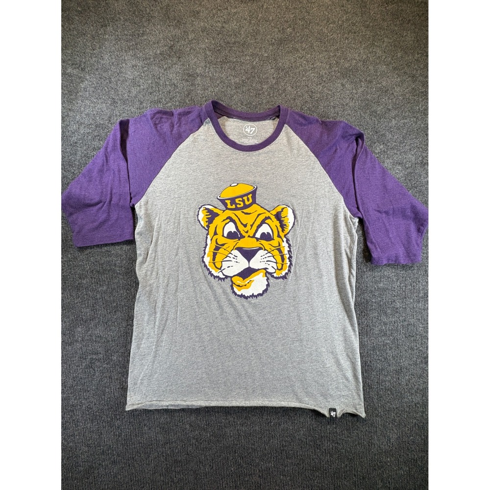 47 Brand LSU Tigers Mike the Tiger Raglan 3/4 Sleeve T-Shirt Grey Purple Mens M